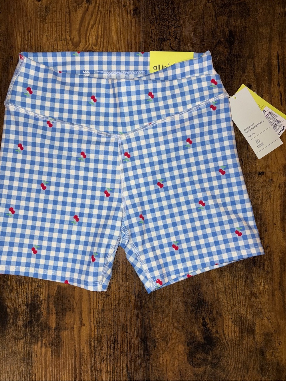 Girls 10/12 all in motion Blue Gingham Bike Shorts with Red Cherry Print